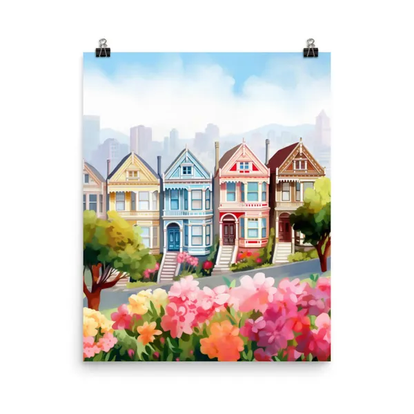 Alamo Square Watercolor Print, San Francisco Cityscape