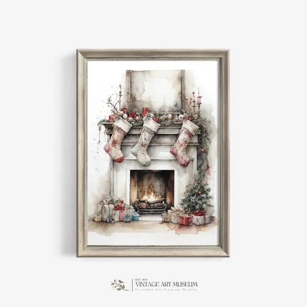 Christmas Fireplace Vintage Art Print, Farmhouse Decor