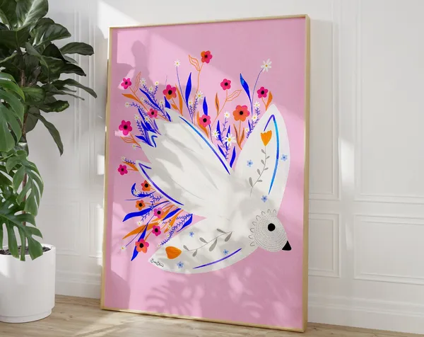 Pink Seagull Bird Wall Art, Boho Poster Print