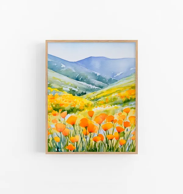 California Poppies Watercolor Art Print, Landscape