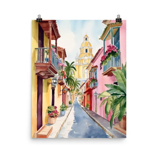 Cartagena Watercolor Travel Poster, Colombia Cityscape