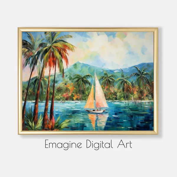 Tropical Sailboat Impressionist Wall Art Print