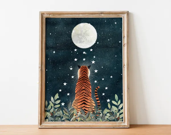 Tiger Wall Art Night Sky Art Print, Jungle Safari
