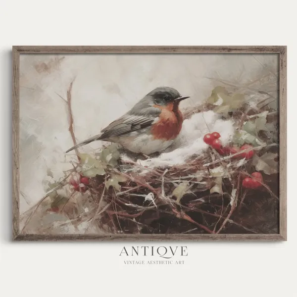 Robin In Nest In The Snow Rustic Christmas Art Print