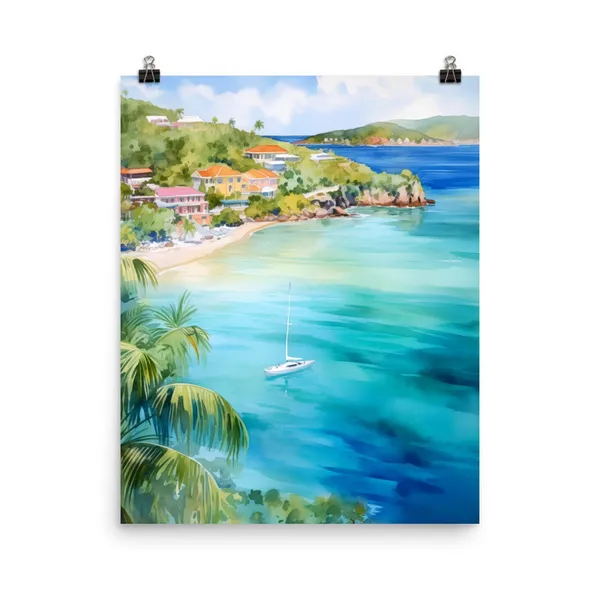 St Maarten Watercolor Travel Poster, Coastal Island Decor