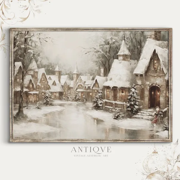 Christmas Village Street, Rustic Farmhouse Art Print