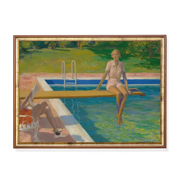 Vintage Painting Woman At Swimming Pool, Rustic Art Print