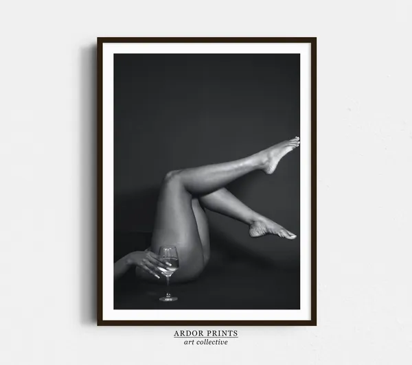 Woman Lying Down With Wine Glass, Retro Style Art Print
