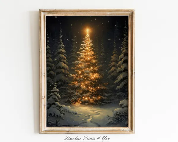 Xmas Tree Christmas Painting, Rustic Vintage Art Print