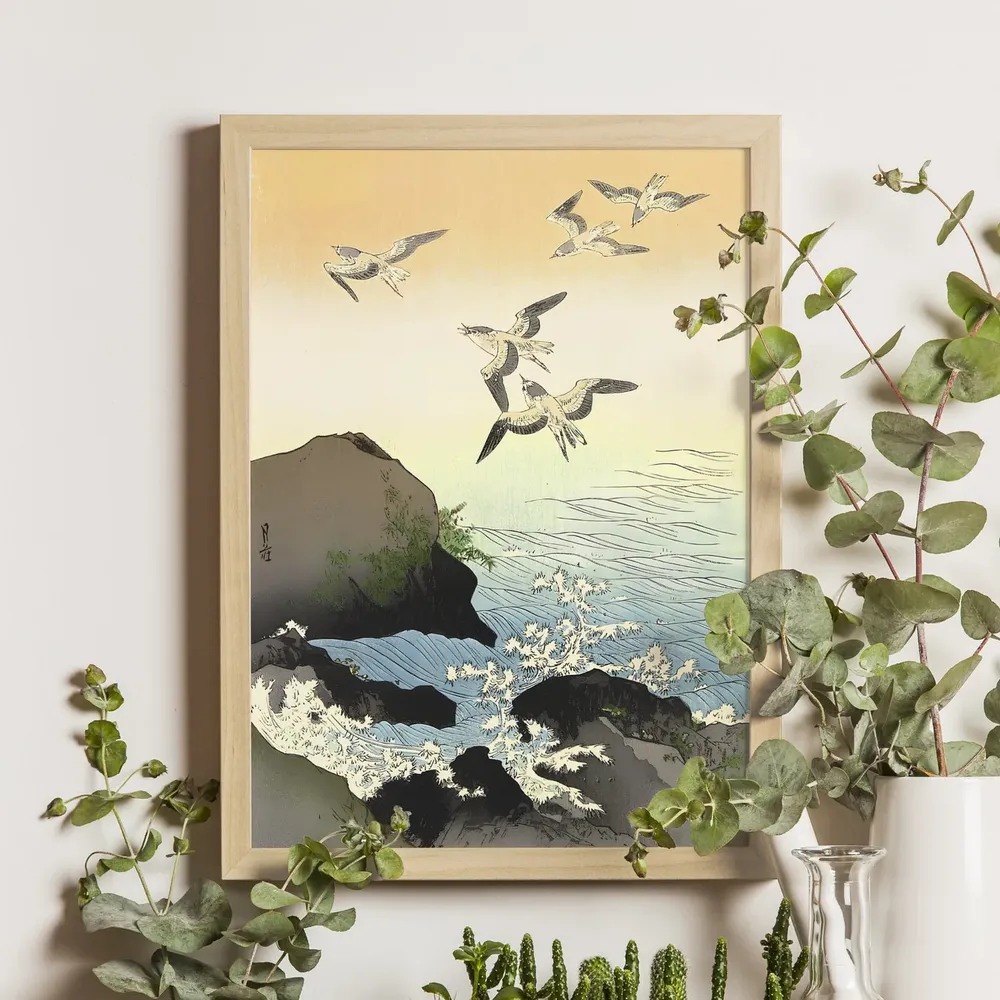 Swallows And Waves By Gesso Yoshimoto, Ukiyo-e Print