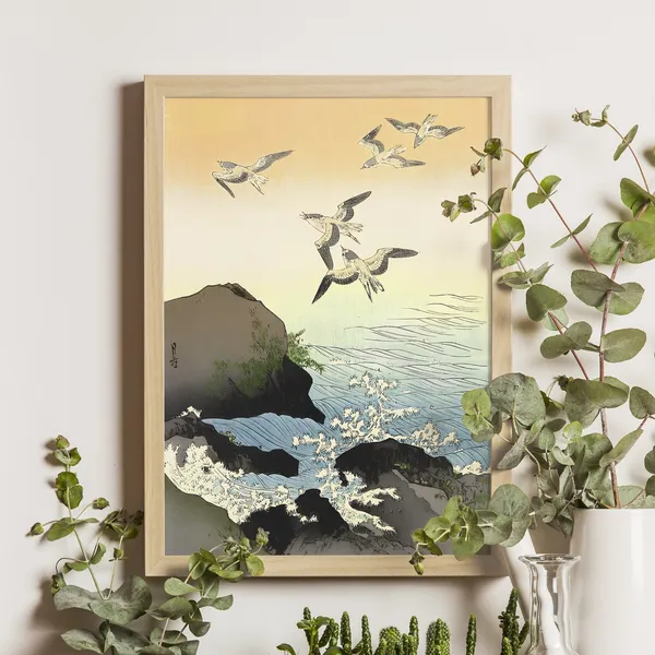 Swallows And Waves By Gesso Yoshimoto, Ukiyo-e Print