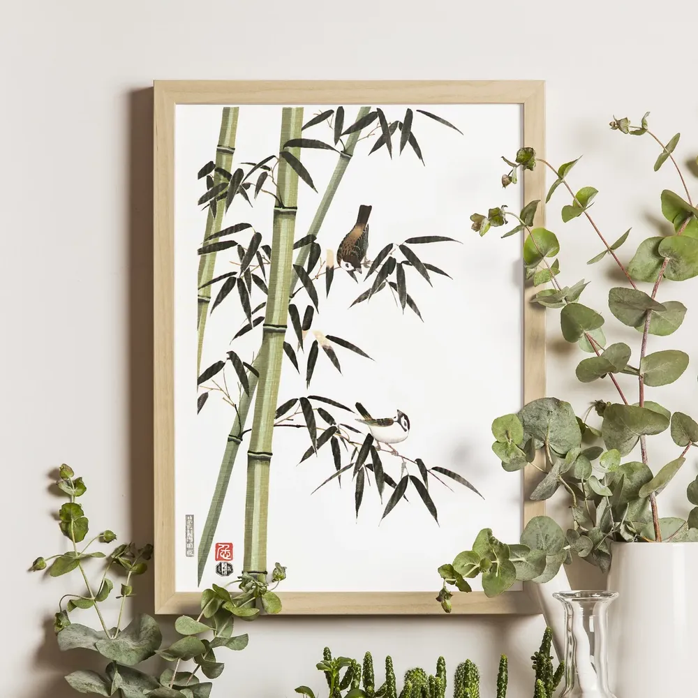 Bamboo and Sparrows Ukiyo-e Art Print, Vintage Japanese