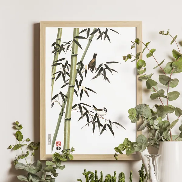 Bamboo and Sparrows Ukiyo-e Art Print, Vintage Japanese