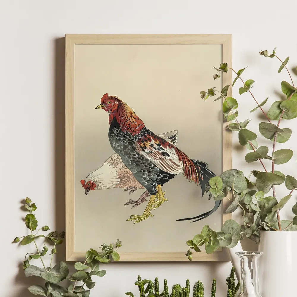 Fighting Rooster And Hen Ukiyoe Art Print