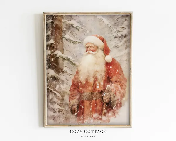 Santa In Winter Forest Vintage Style Art Print