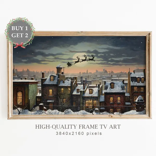 Christmas TV Frame Art, Santa Snowy Town Night