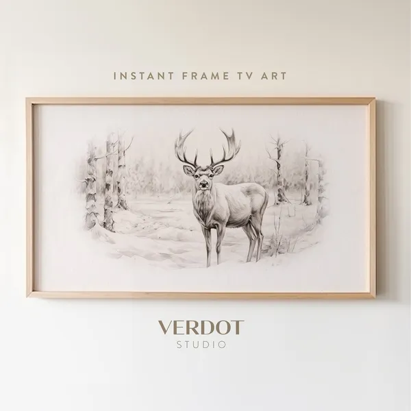 Winter Deer In Snow Christmas Pencil Sketch Art Print