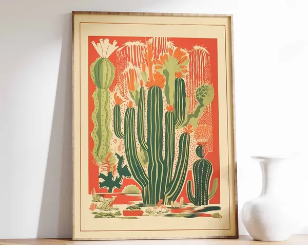Vintage Mexican Cactus Poster, Traditional Latin Decor