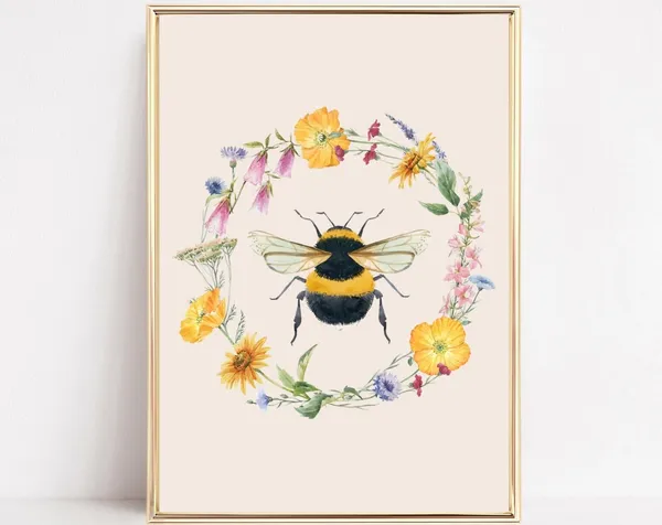 Bumble Bee Botanical Cottage Core Art Print