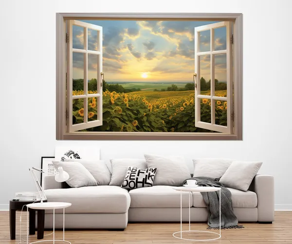 Open Window With Sunflowers Field View Art Print