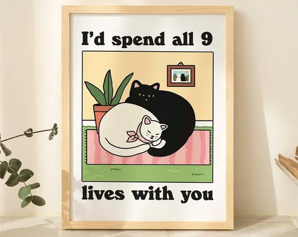 Retro Cat Romantic Quote Poster, Cozy Home Print
