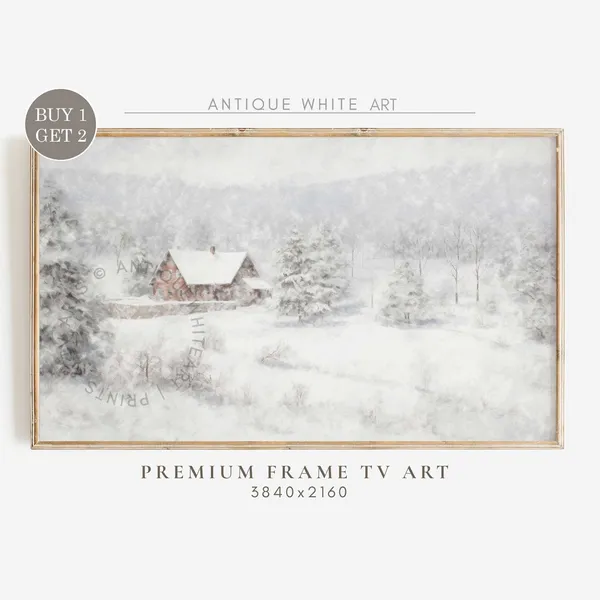 Snowy Winter Landscape, Vintage Farmhouse Christmas Art