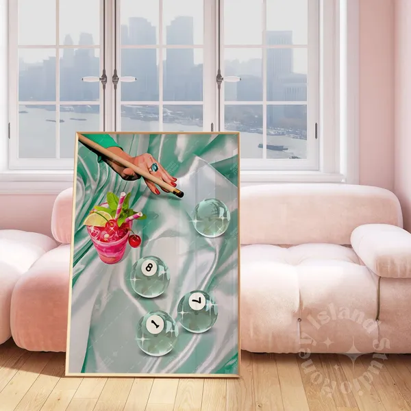 Retro Billiards Print, Female Playing Pool Poster