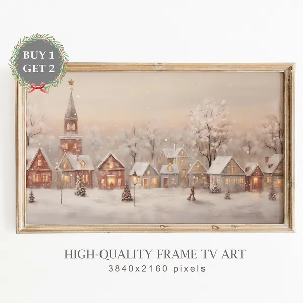 Vintage Christmas Town Painting, Scandinavian Decor Art Print