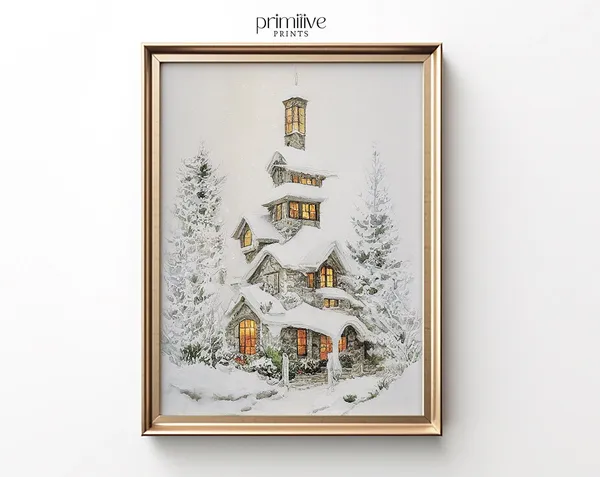 Winter Watercolor Print, Snowy Farmhouse Holiday Decor