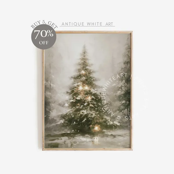 Christmas Tree Print, Moody Farmhouse Winter Landscape