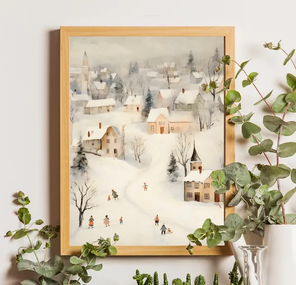 Vintage Town Christmas Village Winter Wall Art Print