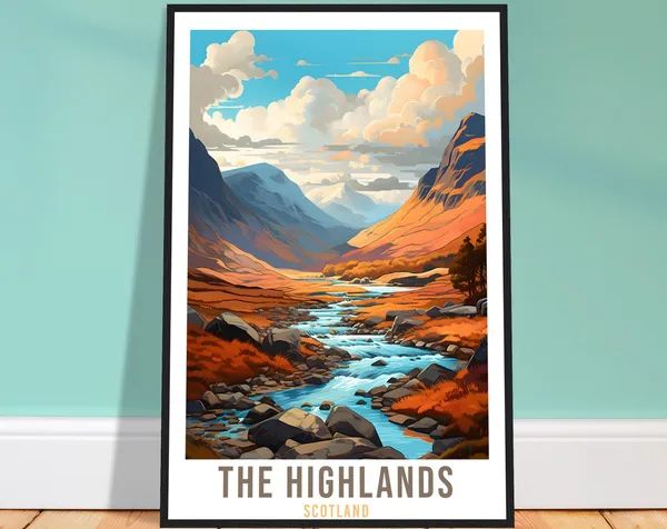 Scottish Highlands Travel Poster, Mountain Landscape Scotland