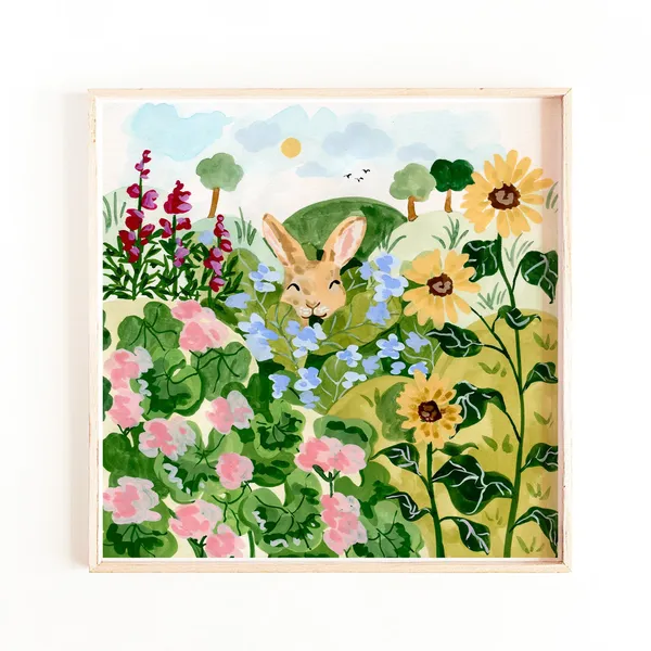 Bunny Flower Field Art Print, Modern Farmhouse