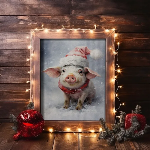 Christmas Pig in a Santa Hat, Vintage Farmhouse Art Print
