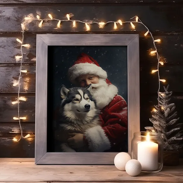Santa Holding A Siberian Husky, Farmhouse Christmas Art