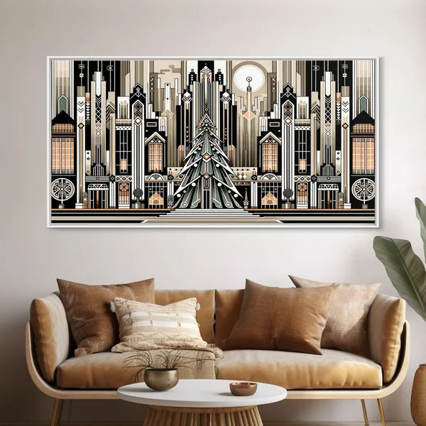 Art Deco Christmas Village, Retro Xmas Art Print