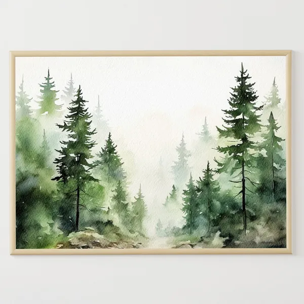 Evergreen Trees Watercolor Art Print, Misty Forest