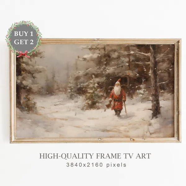Vintage Christmas Snowy Landscape With Santa Claus