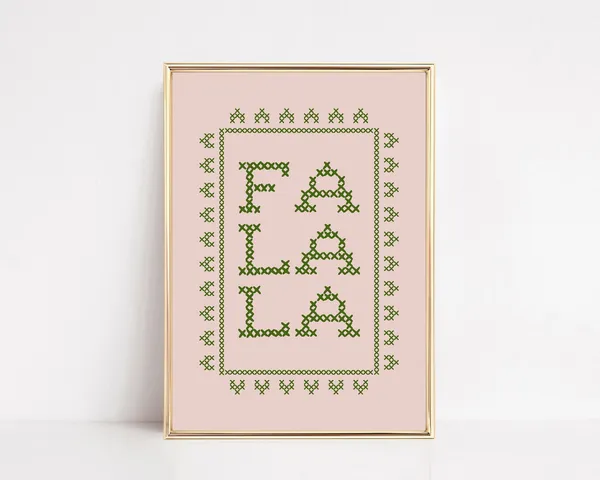 Pink Christmas Decor Fa La La Cross Stitch Art Print