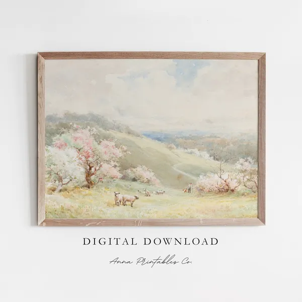 Spring Blossom Hillside Antique Landscape Art Print