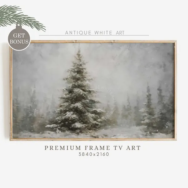 Fir Tree Frame TV Art, Moody Winter Holiday Decor