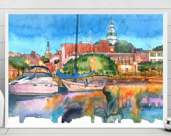 Annapolis MD Watercolor Travel Poster, City Artwork