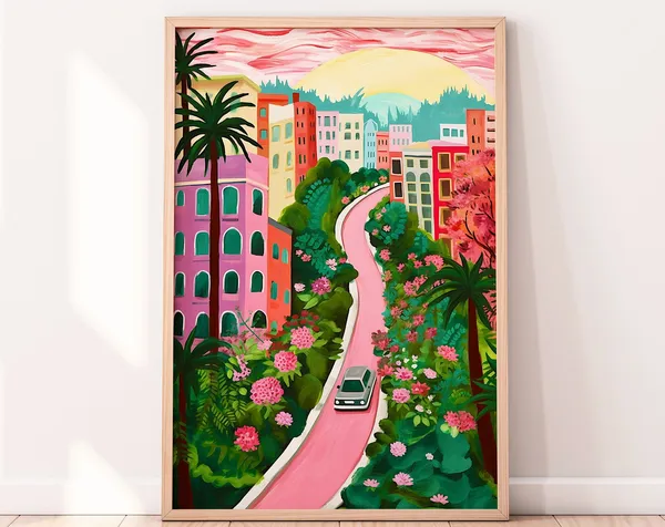San Francisco Lombard Street Travel Poster, Gouache