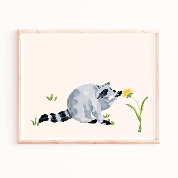 Raccoon Dandelion Art Print, Nursery Decor