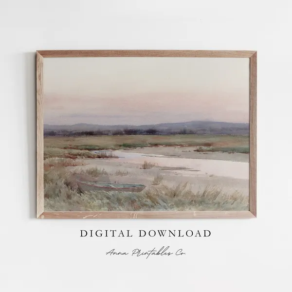 Canoe On The Creek Antique Watercolor Landscape Print