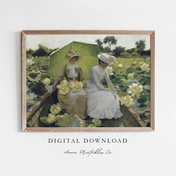Picking Lilies Antique Painting, Victorian Wall Art Print