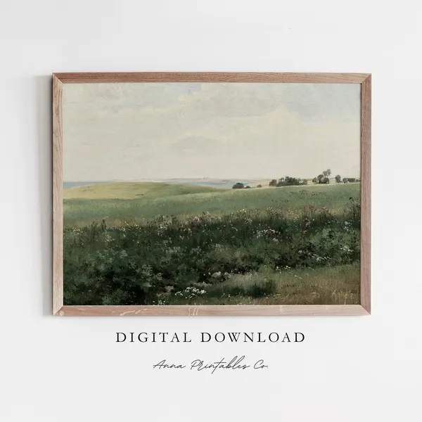 Green Pastures Countryside Landscape, Cottagecore Art Print