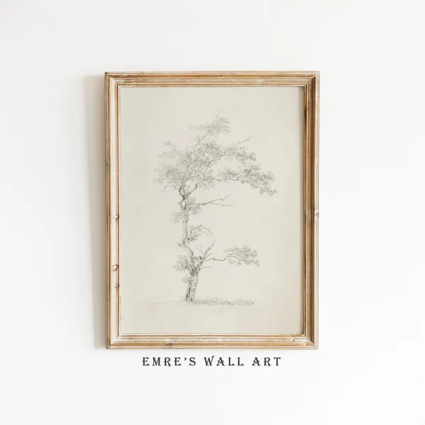 Vintage Tree Sketch Art Print, Neutral Farmhouse Decor