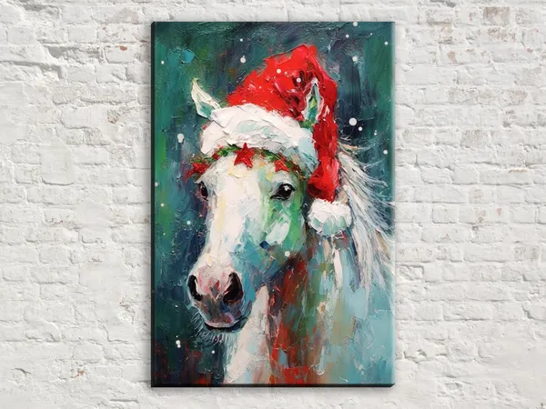 Horse in Santa Hat, Farmhouse Christmas Art Print
