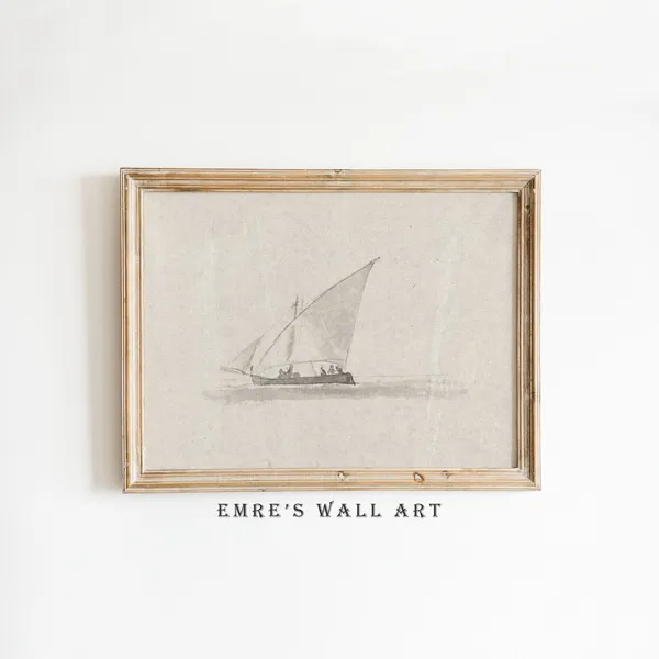Vintage Sailboat Sketch Art Print, Antique Drawing